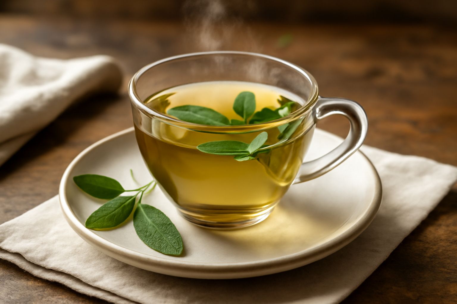 Tazza trasparente di tisana di salvia color giallo dorato, con foglie verdi di salvia intorno, vapore caldo che sale dalla tazza, fondo bianco