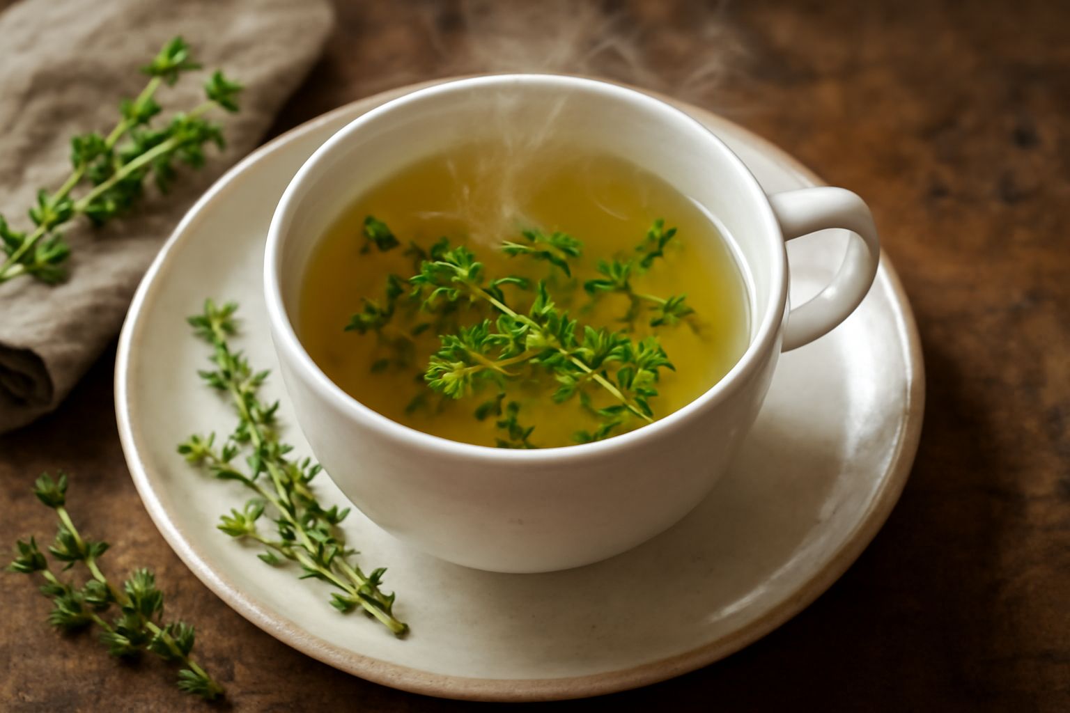 Tazza di ceramica bianca con tisana di timo color giallo-verdastro, vapore che sale, rametti di timo fresco sul piattino accanto, fondo neutro in legno chiaro