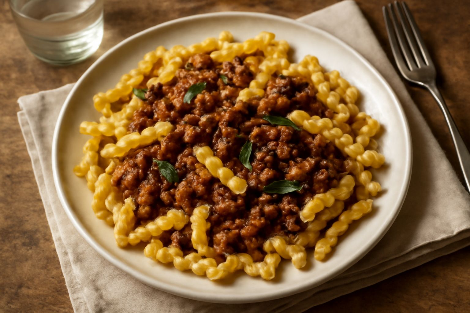 Pasta Tiziano ondulata e dorata disposte in un piatto bianco fondo, con ragù di carne marrone scuro che aderisce alle pieghe, contorno di parmigiano grattugiato bianco