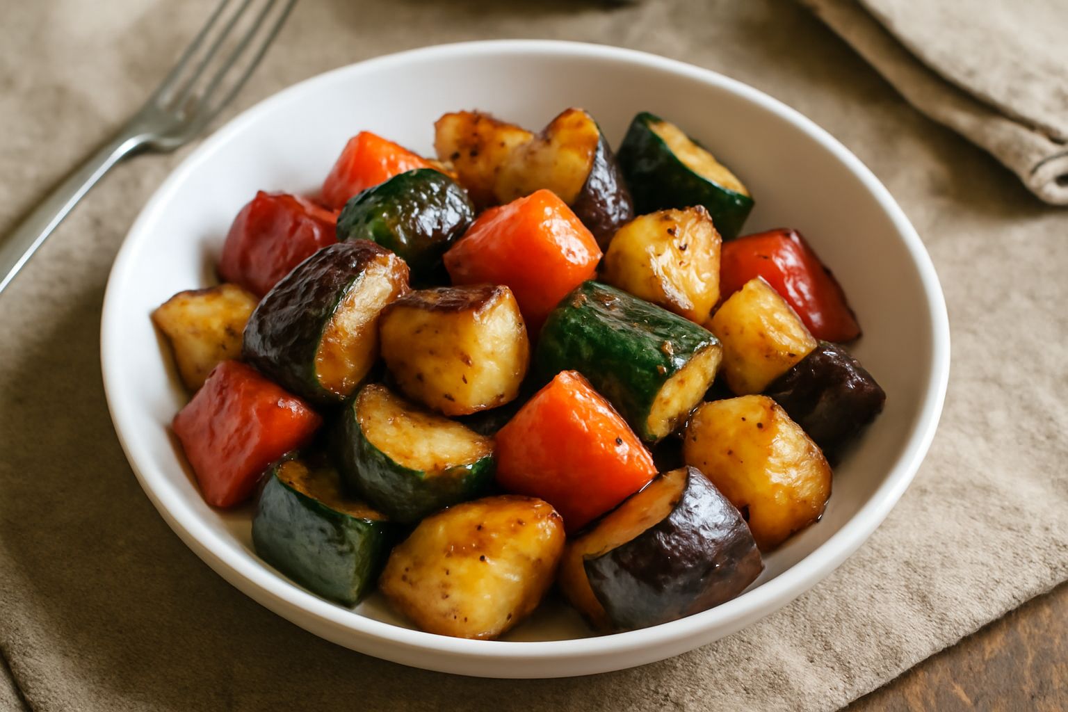 Pezzi di zucchina, melanzana, peperone rosso e cipolla saltati in padella antiaderente, su fondo bianco, con aglio e prezzemolo fresco tritato sparsi sopra