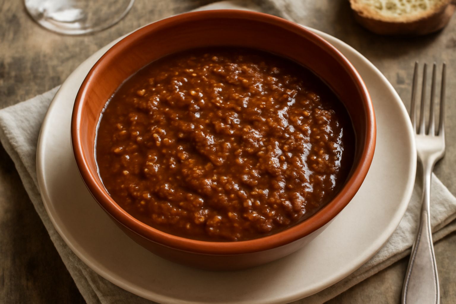 Ragù di carne in pentola di coccio, color marrone scuro, con superficie lucida e densa, accanto a un mestolo di legno e un piatto di pasta fresca al ragù