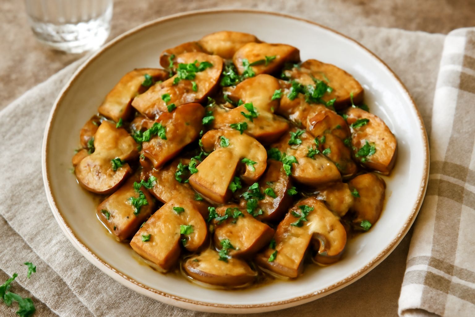 Funghi porcini trifolati dorati in pentola di acciaio, con aglio affettato e prezzemolo fresco verde, contorno bianco in piatto di ceramica