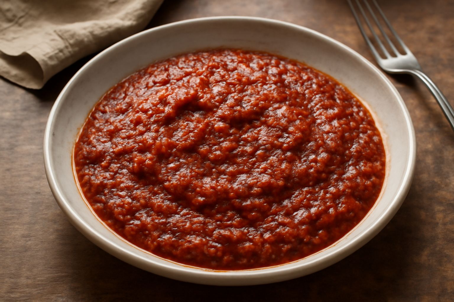 Piatto fondo bianco con pasta corta condita da ragù rosso scuro e denso, con visibili pezzi di carne cotta e pochissimo olio, guarnito di un filo di olio d'oliva e prezzemolo