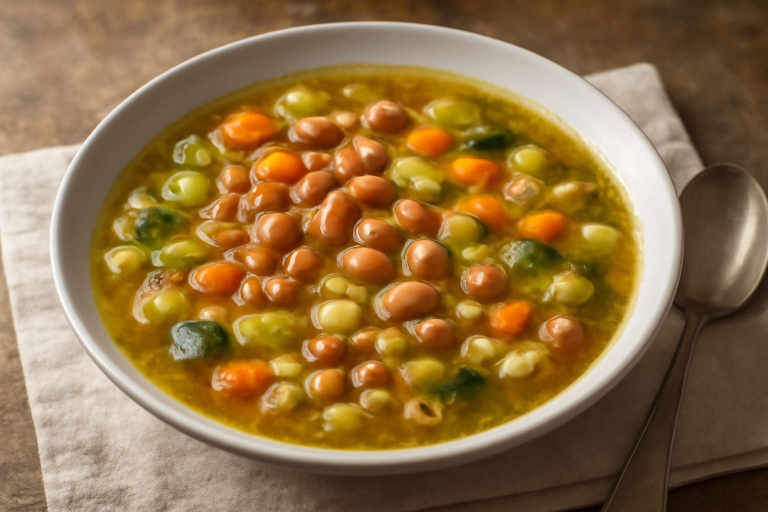 Una terrina di ceramica bianca con tofeja steaming, minestrone denso con verdure verdi e arancioni visibili, fagioli chiari in superficie, gocce di olio verde ai margini, cucchiaio di legno appoggiato