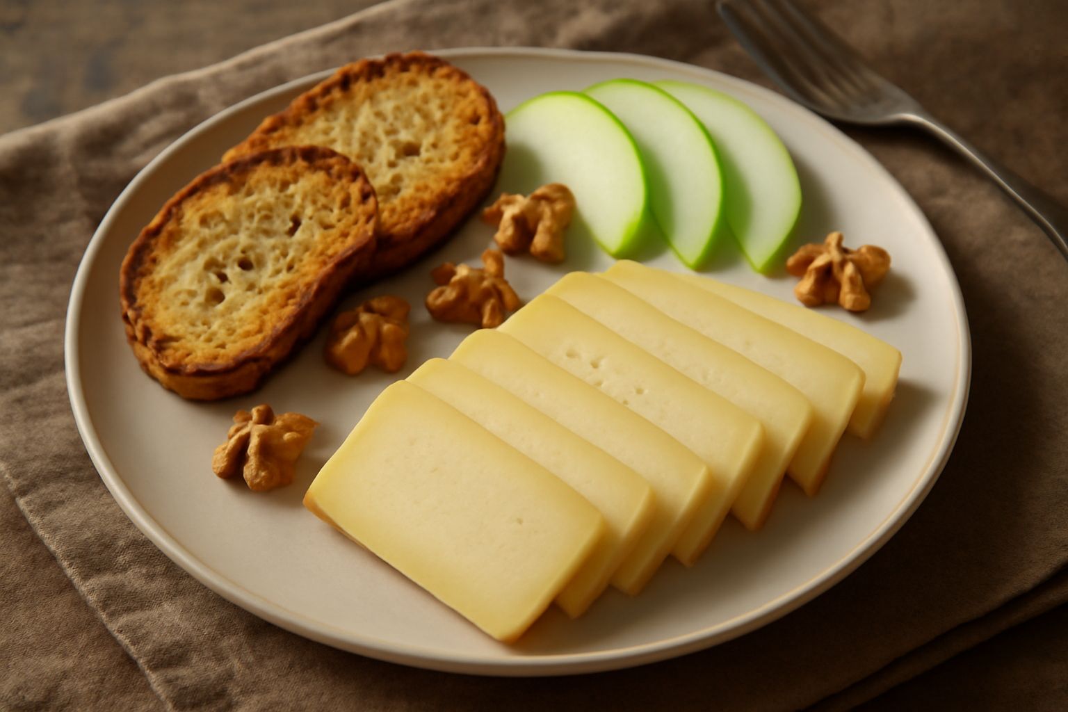 Fette di Toma del Piemonte color paglierino servite nel piatto bianco con pane tostato ai lati, mele verdi tagliate e qualche noce, ripresa dall'alto con luce naturale