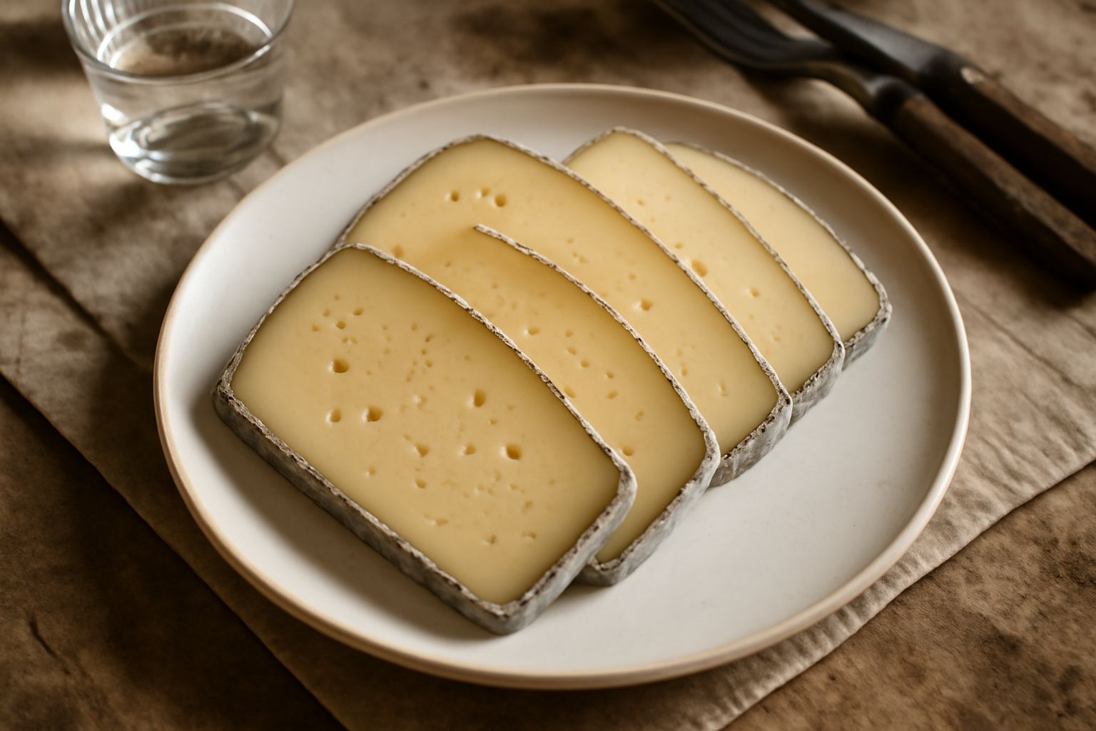 Toma di Asti a forma cilindrica, tagliata a fette di circa un centimetro, disposte su un tagliere di legno naturale con un coltello da formaggio affilato accanto. La pasta è color giallo paglierino co