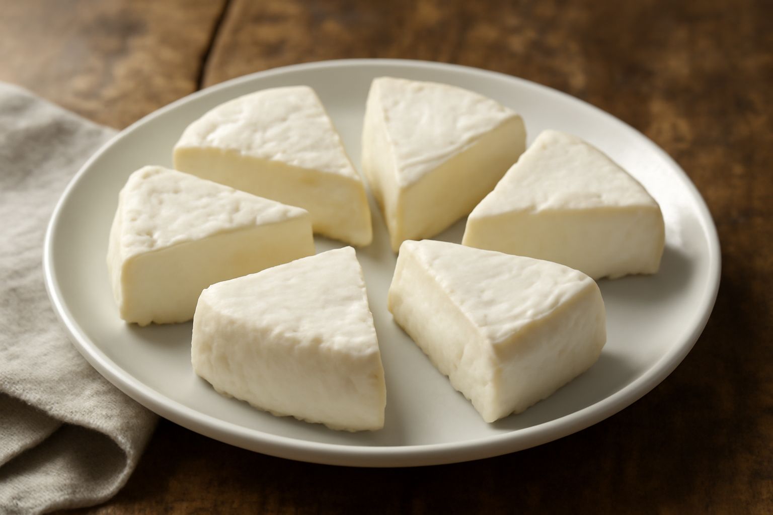 Toma dolce cremosa di colore bianco panna, tagliata a spicchi e servita su piatto bianco, con superficie morbida visibile e screpolature leggere, accompagnata da pane tostato