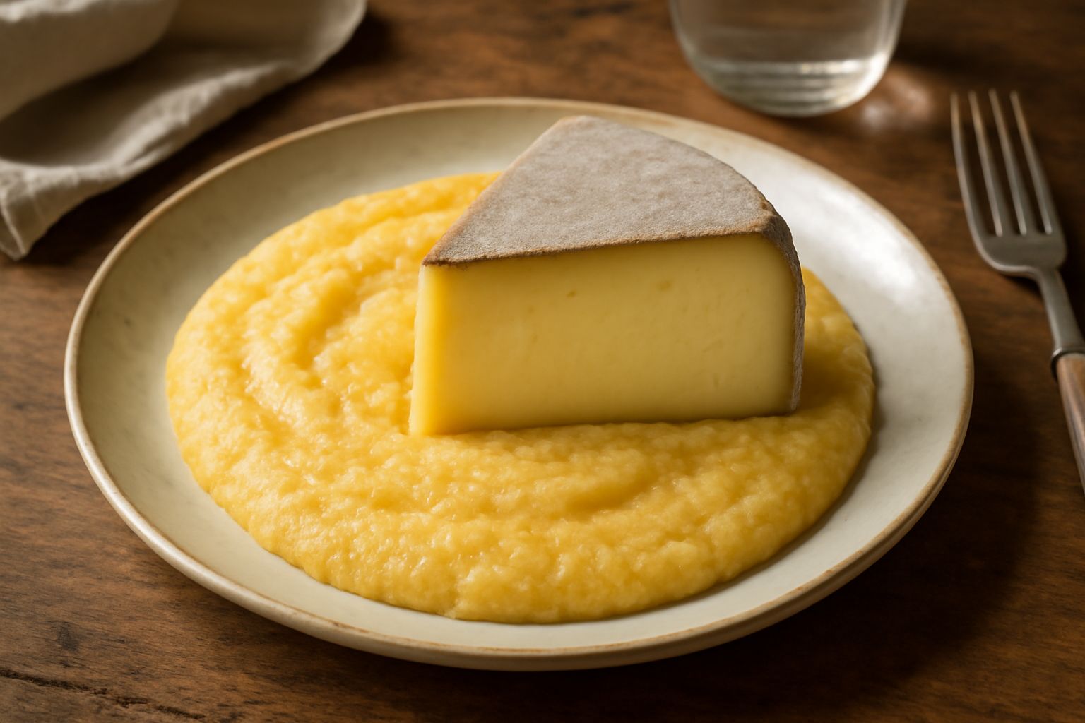 Fetta di Toma Vacherin su un tagliere di legno, mostrando la pasta giallo paglierino, la crosta liscia grigio-bruna, accanto a noci e miele di castagno in vasetto trasparente