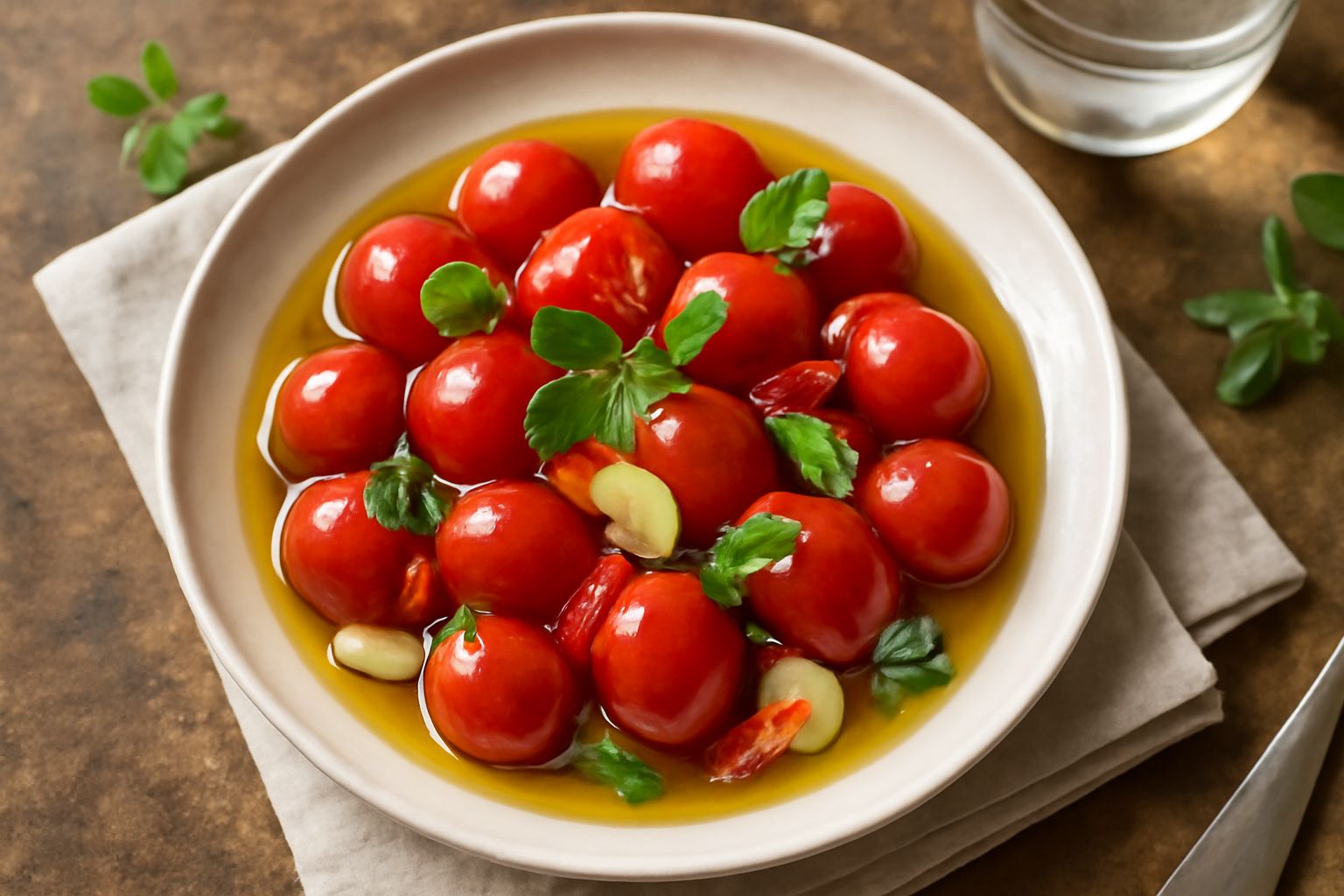 Barattolo di vetro con tomatelle marinate intere, rosse e lucide, immerse in aceto trasparente e olio dorato, con spicchi d'aglio, peperoncini rossi e foglie di origano fresco visibili nel liquido