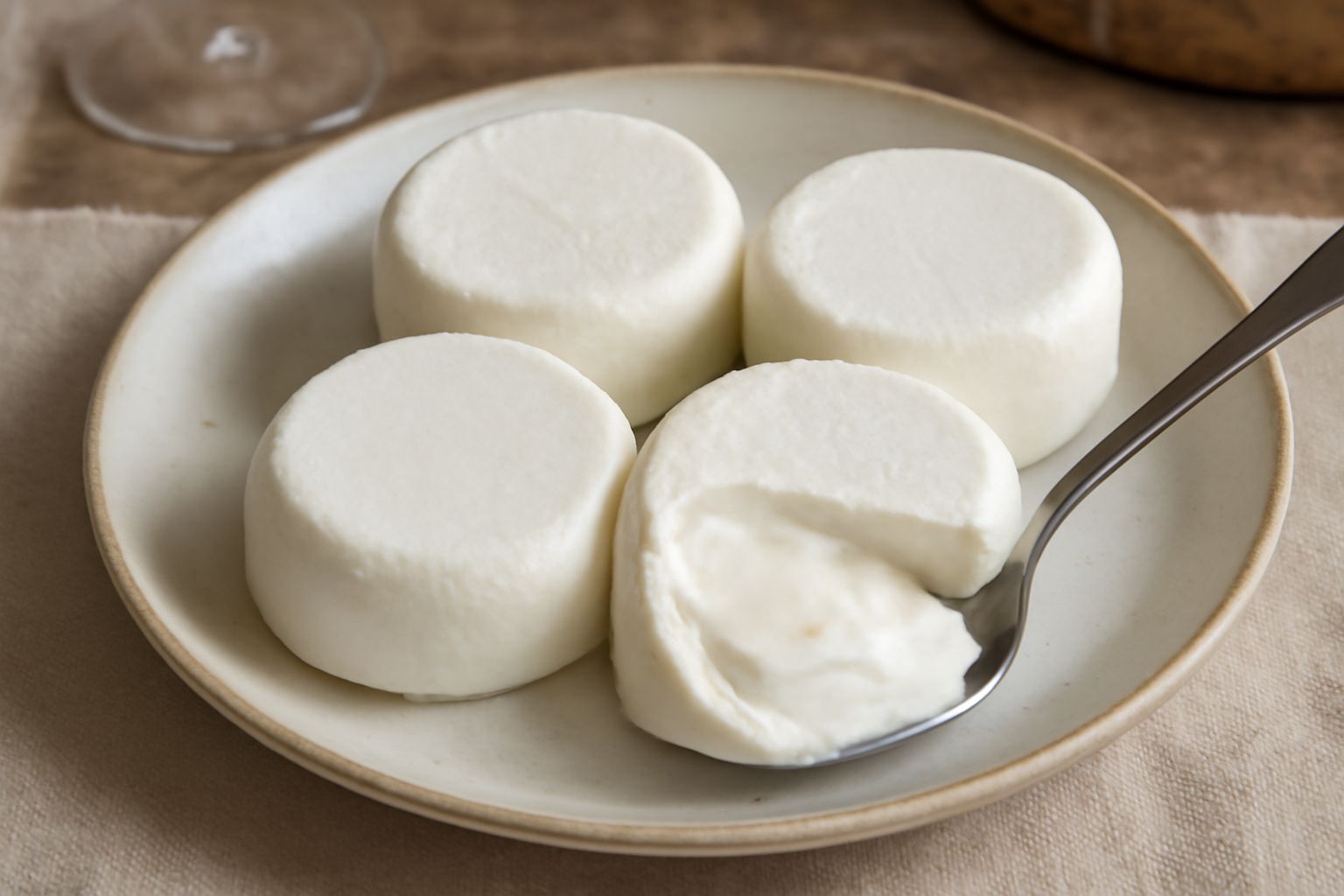 Tre tome di capra fresca bianche, cremose e morbide su un piatto di ceramica bianca, con una piccola ciotola di sale marino e rametti di timo fresco accanto