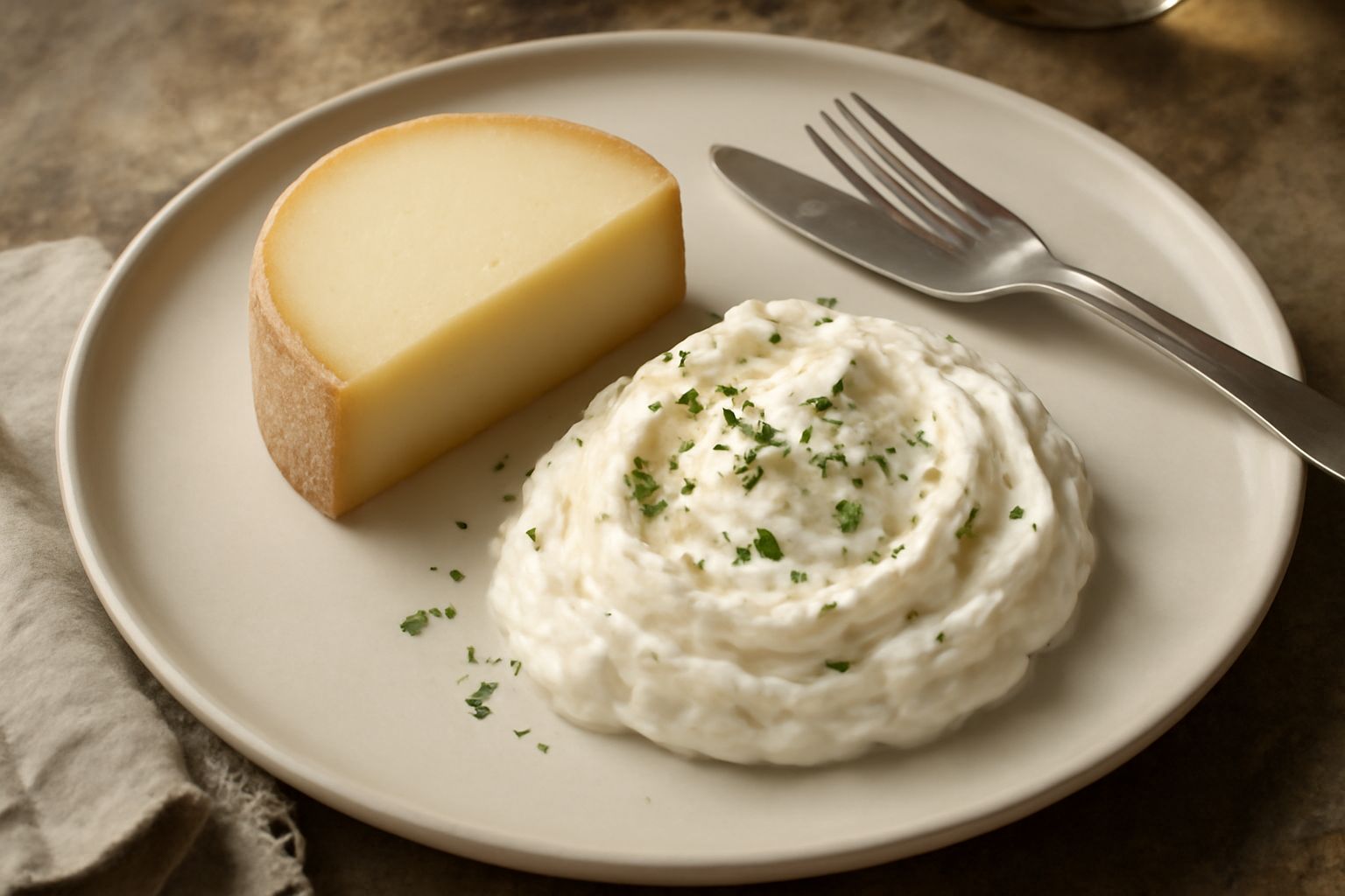 Una porzione di formaggio tomé semicotto di colore giallo paglierino su un tagliere di legno accanto a una ciotola di breusse bianco cremoso, con noci sgusciate sparse attorno