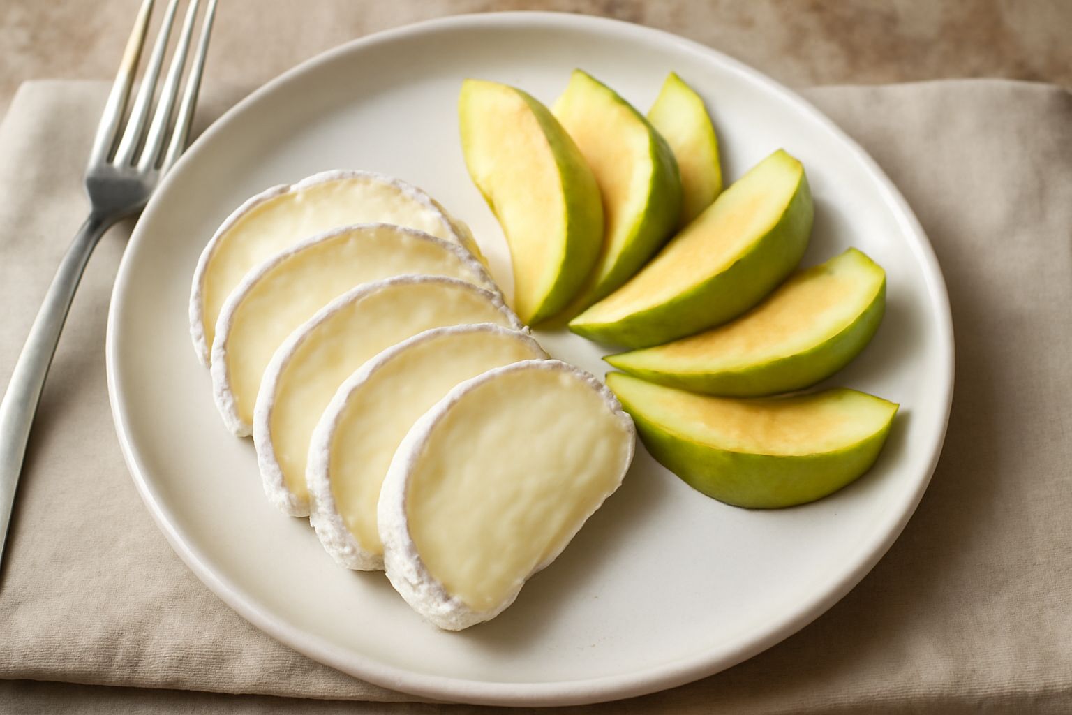 Piatto bianco con fette di tome bianco-giallognolo e spicchi di mela verde disposti a raggiera, guarnito con foglie di menta fresca e gocce di miele ambrato sui bordi