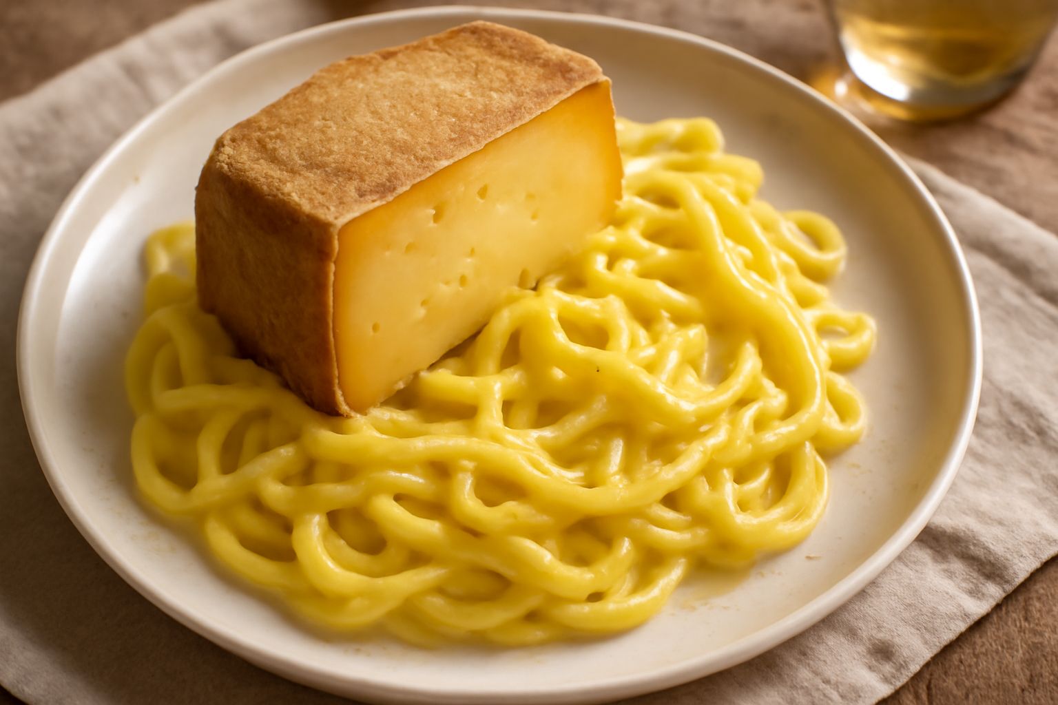 Fette di tome mezzana stagionata su un tagliere di legno, con crosta giallo-marrone e pasta cremosa color paglierino, accanto a noci e pane tostato