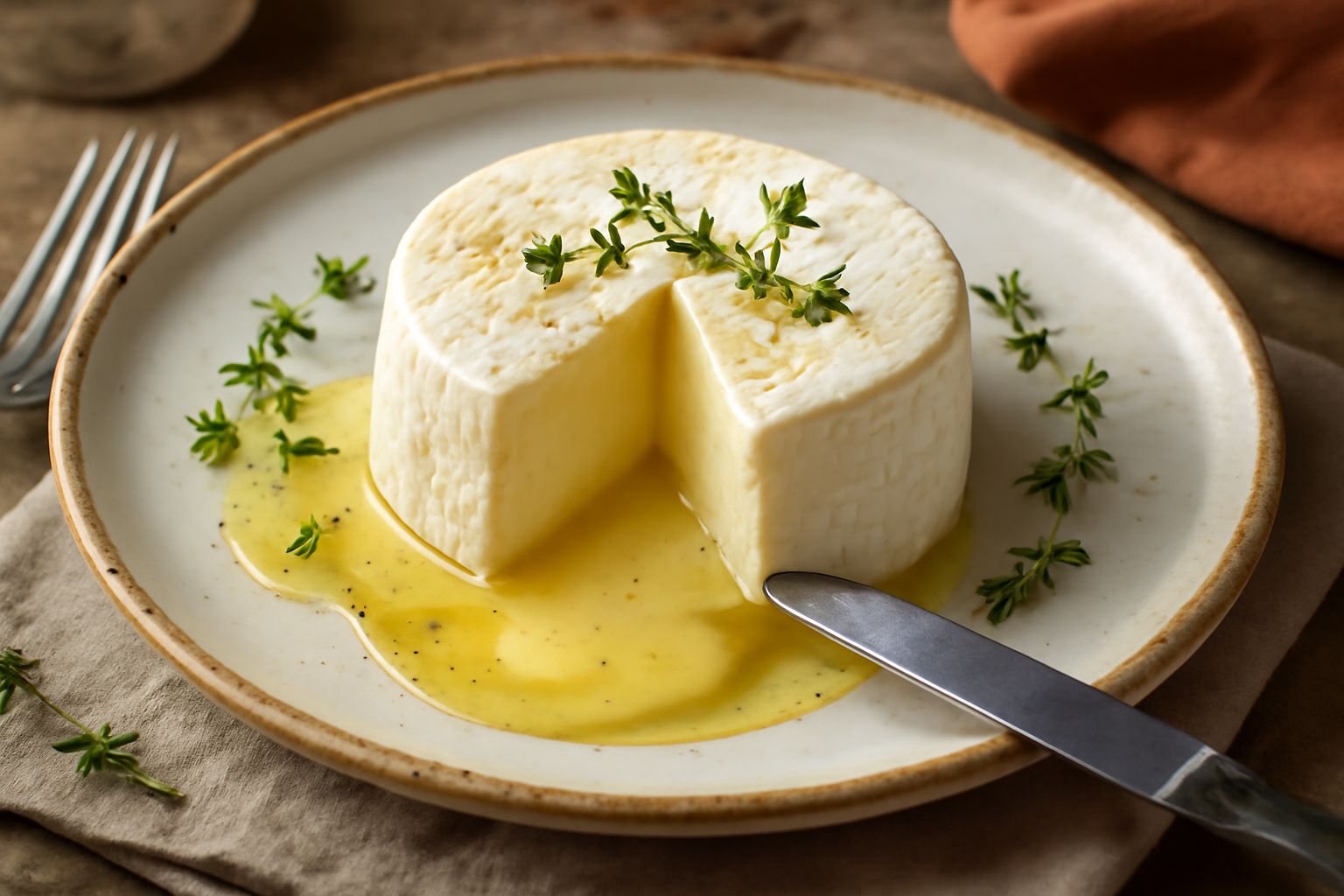 Tomino fresco bianco cremoso servito in piatto bianco con filo di miele dorato, grani di pepe nero e foglia di salvia fresca