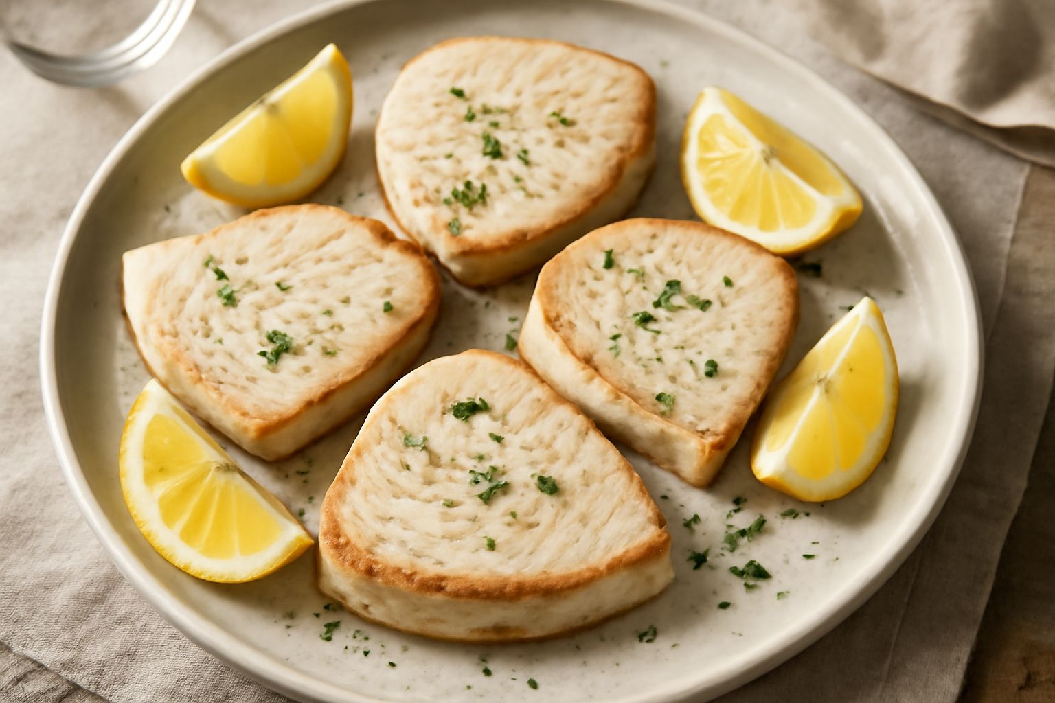 Tonde di pesce spada dorate in padella, circondate da fette di limone fresco e prezzemolo verde, olio di oliva che brilla sulla superficie del pesce