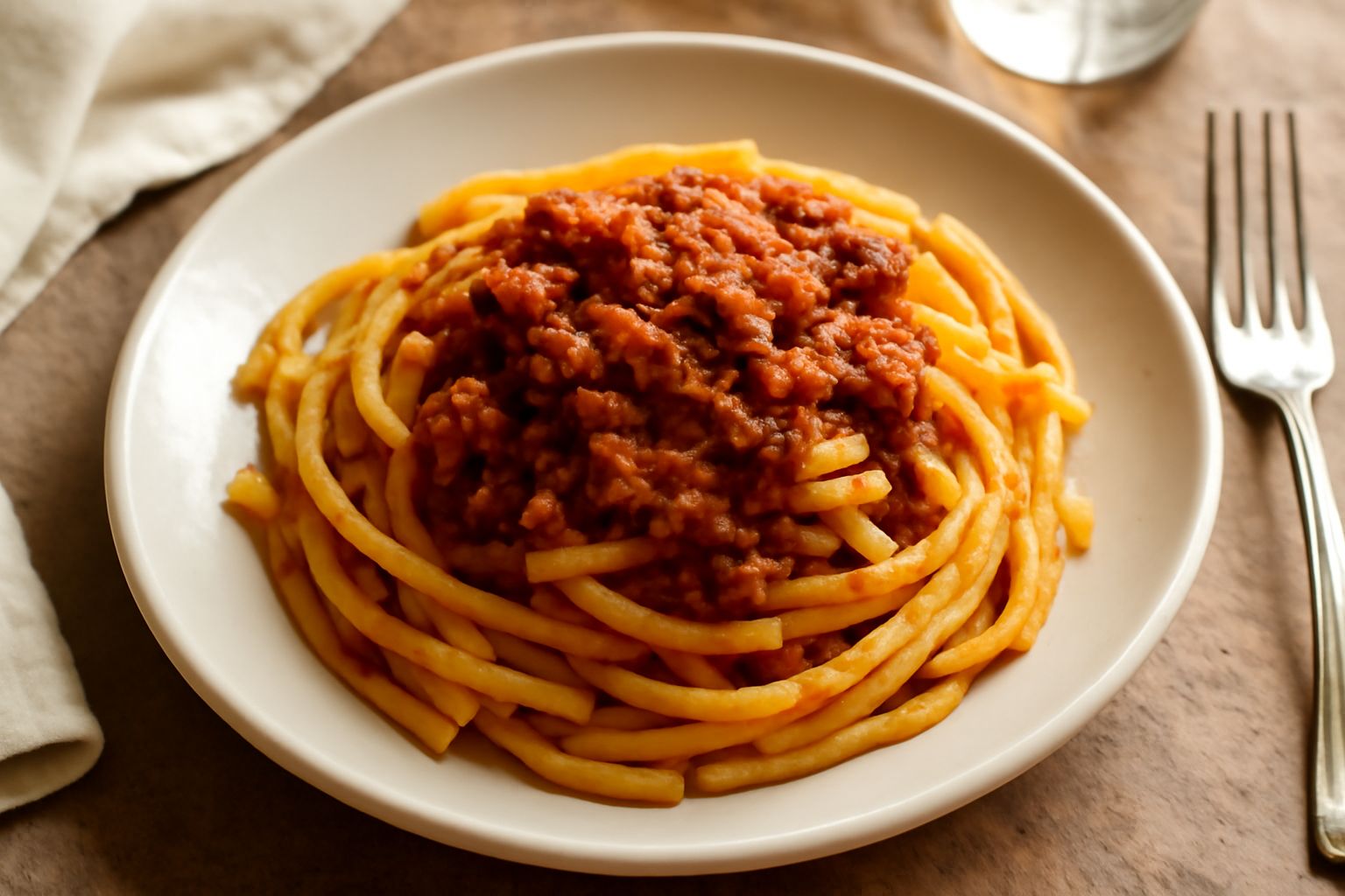 Tonnarelli quadrati e spessi appena cotti nel piatto bianco, ricoperti di ragù rosso scuro con ragù di carne, grattugia di parmigiano bianco e un filo di olio verde, contorno di basilico fresco