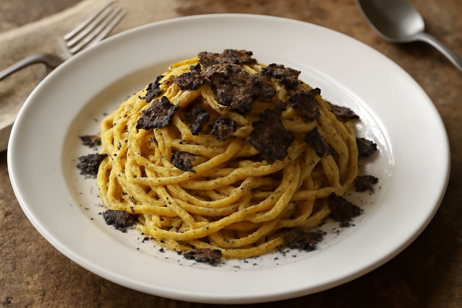 Tonnarelli quadrati color giallo dorato in un piatto bianco con scaglie nere di tartufo grattugiato in superficie, burro fuso lucido, decorazione di prezzemolo verde, piatto su tavolo in legno