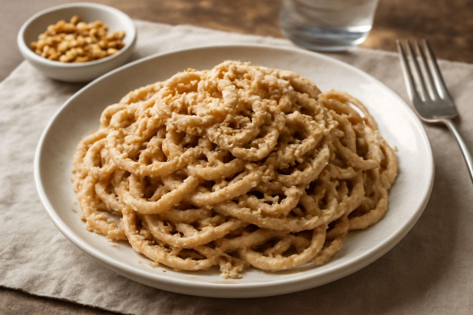 Tonnarelli alle noci serviti in piatto bianco con salsa cremosa color nocciola che avvolge la pasta, guarniti con frammenti di noci tostate e grattugia di parmigiano, accompagnati da una foglia di pre