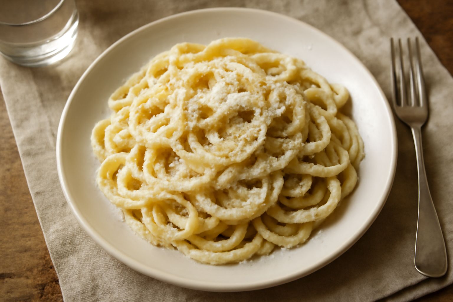Tonnarelli cacio e pepe in bianco serviti in un piatto fondo di terracotta, ricoperti di pecorino grattugiato fine e grani di pepe nero tostato visibili, con una forchetta accanto
