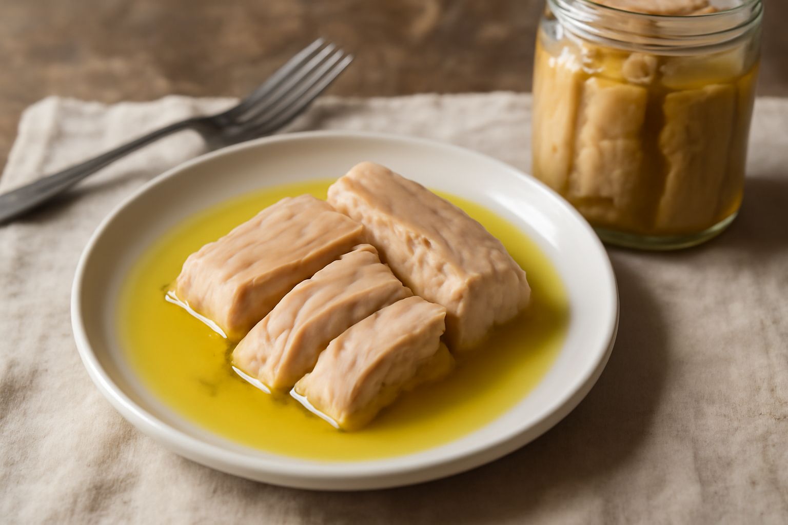 Barattolo di vetro trasparente con tonnetto immerso in olio dorato, pezzi di pesce rosa chiaro visibili sotto la superficie oleosa, etichetta bianca sul coperchio, sfondo bianco neutro
