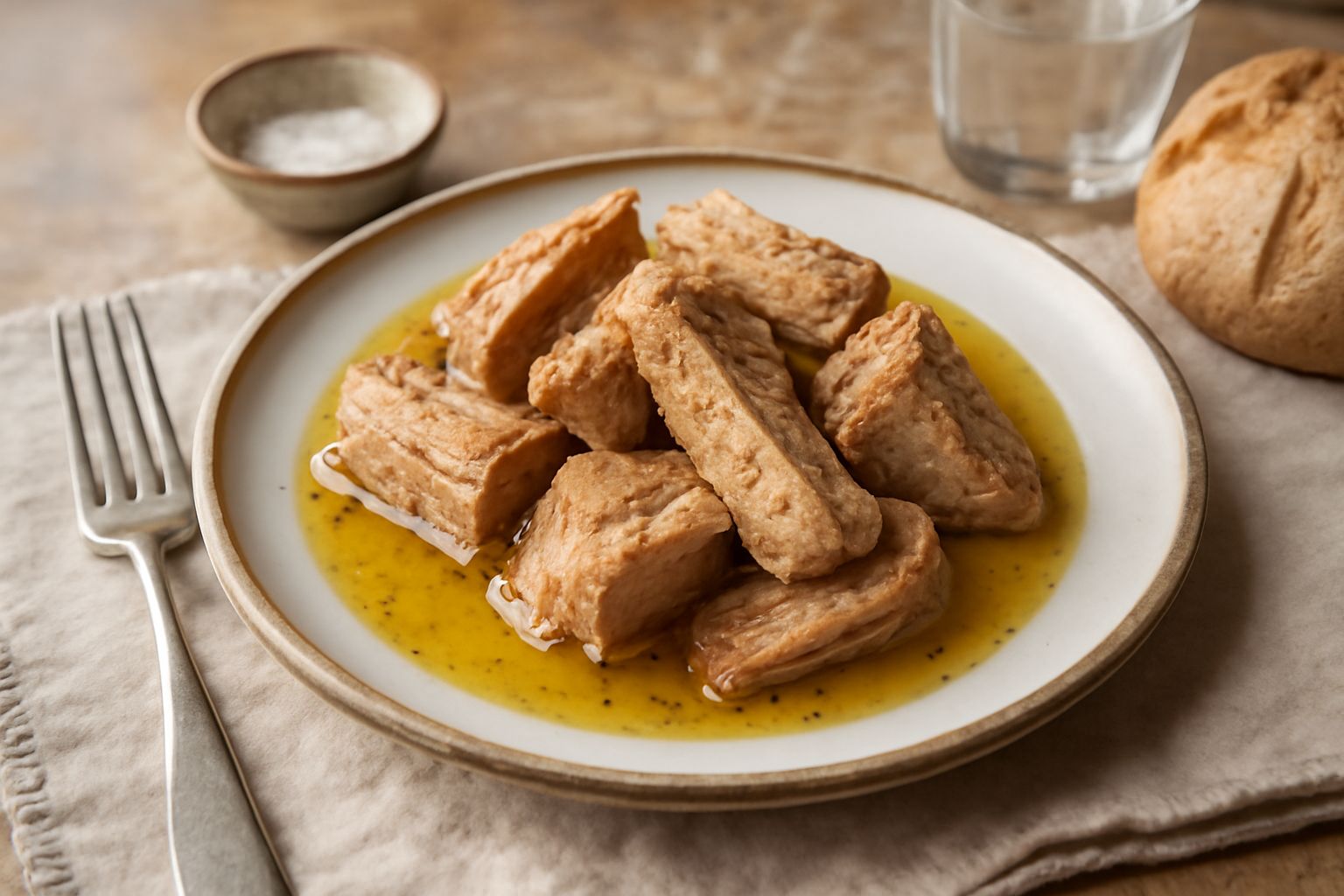 Barattoli di vetro con tonnina color rosso scuro sommersa in olio d'oliva, con rametti di rosmarino e pepe nero visibile dentro il liquido dorato