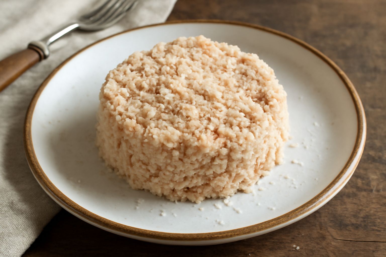 Tonnina salata in vasetto di vetro, tonno sminuzzato dal colore bianco rosato, coperto di cristalli di sale grosso brillante, sfondo neutro