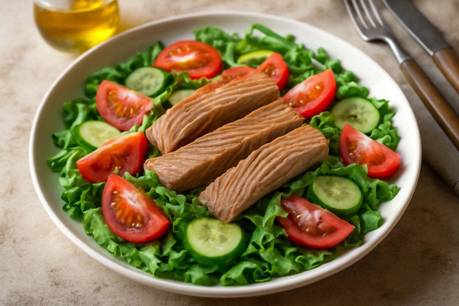 Insalata in ciotola di ceramica bianca con filetti di tonno affumicato grigio-marrone, pomodori rossi tagliati a fette, cetrioli verdi, rucola fresca, condita con olio e limone