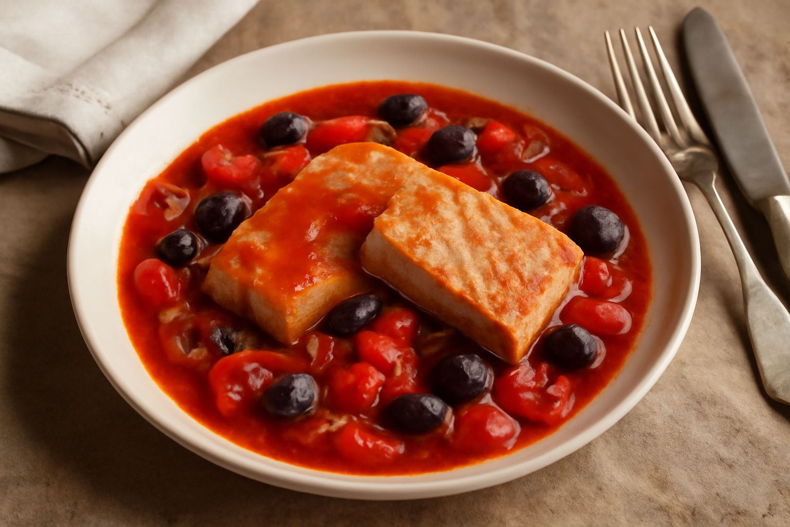 Filetti di tonno cucinato in padella con pomodori rossi, olive nere, peperoni rossi a striscie sottili, cipolla bionda, olio d'oliva lucido; piatto bianco o terracotta, guarnito con prezzemolo fresco 