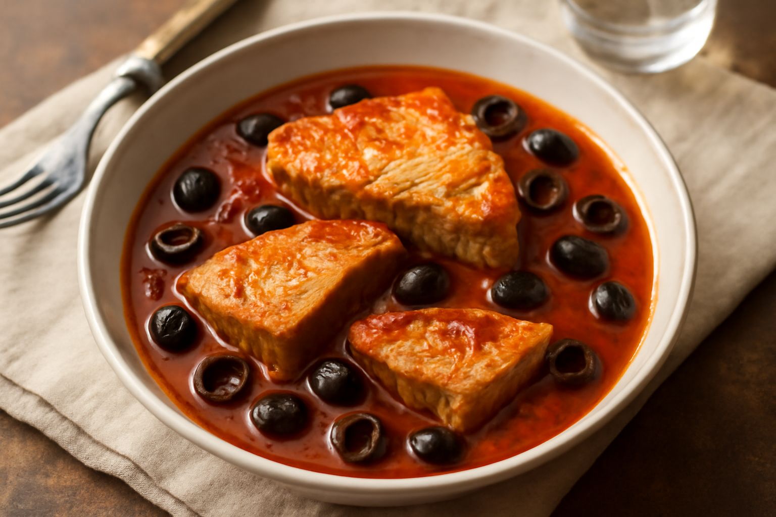 Tonno affettato e dorato in umido con salsa di pomodoro rosso scuro, olive nere e acciughe, servito in un piatto bianco con prezzemolo fresco tritato