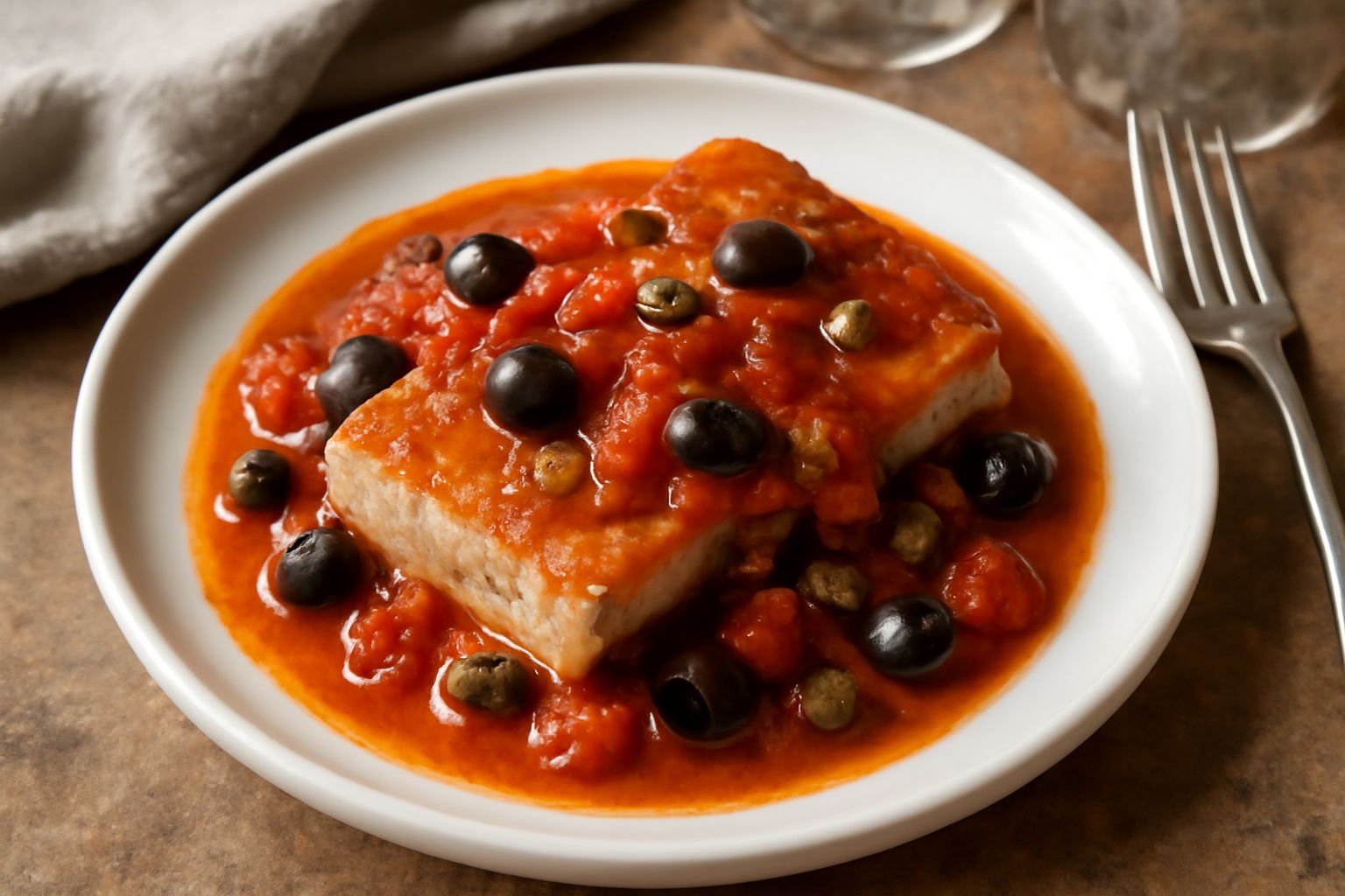 Un filetto di tonno cucinato in padella di ferro, ricoperto di salsa agrodolce con pomodori rossi, olive nere e capperi verdi, con un filo d'olio d'oliva in superficie e prezzemolo fresco