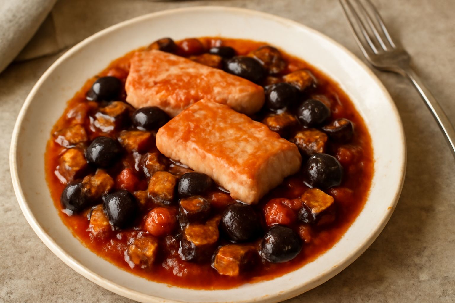 Filetti di tonno rosso in umido con melanzane viola, pomodori rossi, olive nere e prezzemolo in un piatto bianco fondo, servito tiepido con salsa di pomodoro intorno