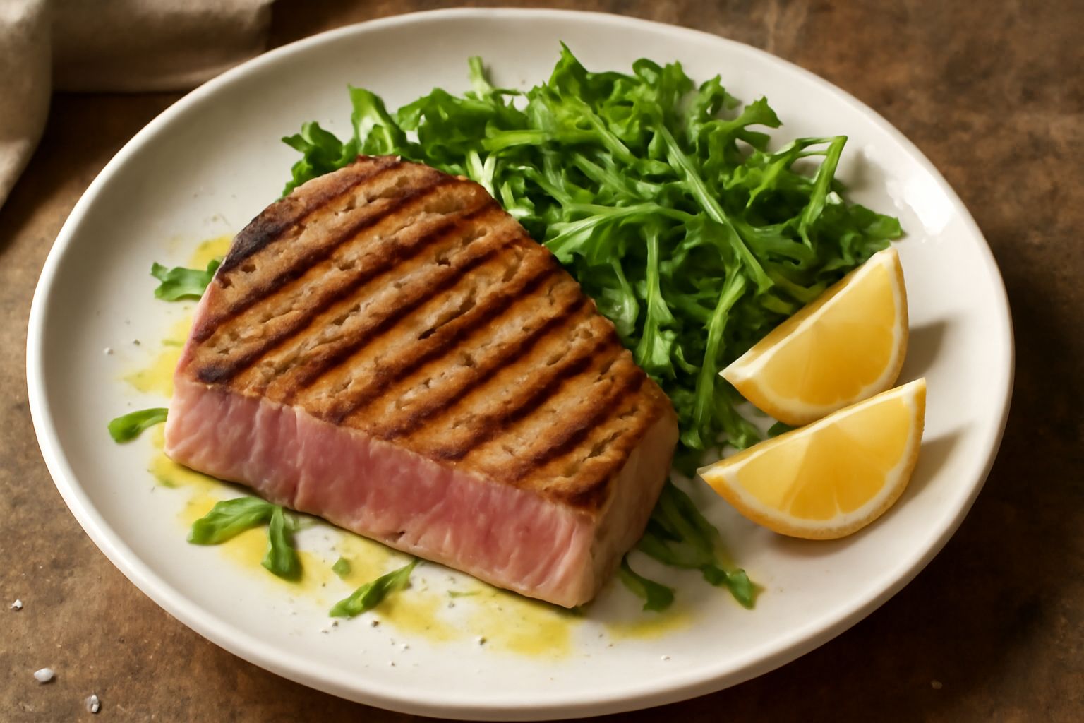 Trancio di tonno rosso appena grigliato, croccante in superficie con righe marrone dorate della griglia, servito in piatto bianco con contorno di rucola fresca e spicchi di limone, olio di oliva versa