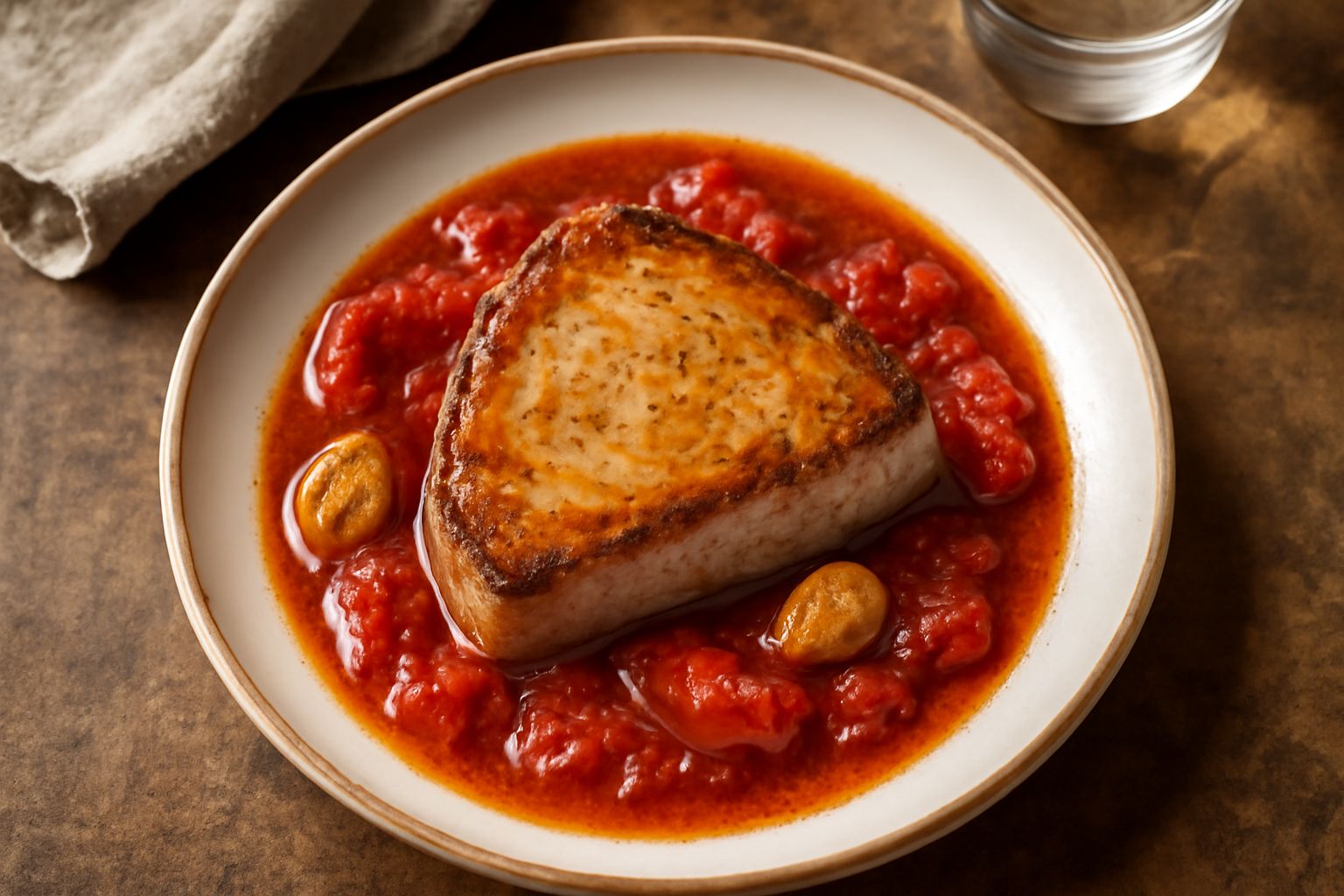 Tonno cotto in salsa rossa di pomodoro con spicchi d'aglio visibili, servito in un piatto bianco con prezzemolo fresco tritato, brodo trasparente e lucido nel piatto