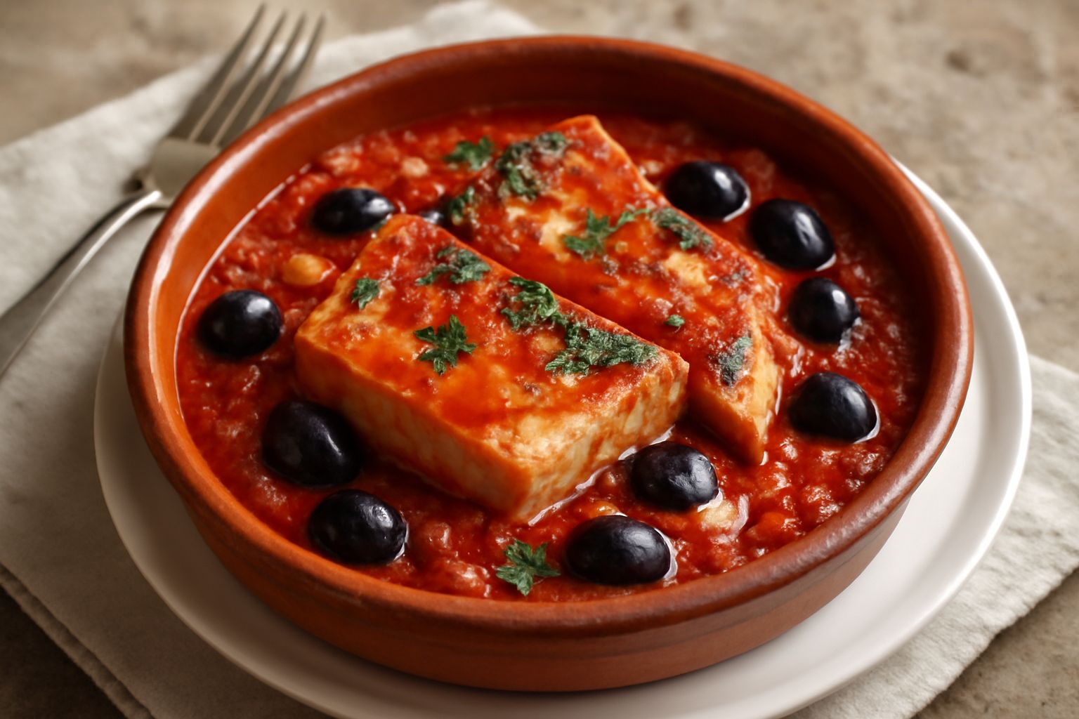 Tonno in umido dorato e rosso di pomodoro, cotto in pignata di terracotta, guarnito con olive nere e prezzemolo fresco, servito con contorno di verdure
