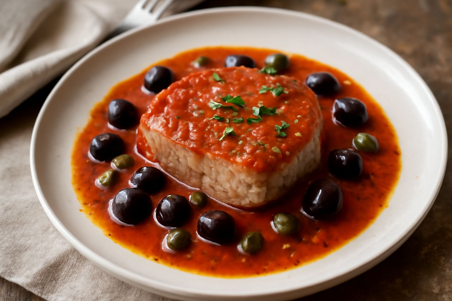Filetto di tonno rosato cotto in umido, coperto da salsa di pomodoro ricca, olive nere, capperi e prezzemolo fresco, servito in un piatto bianco fondo con contorno di pomodori freschi e olive sparse