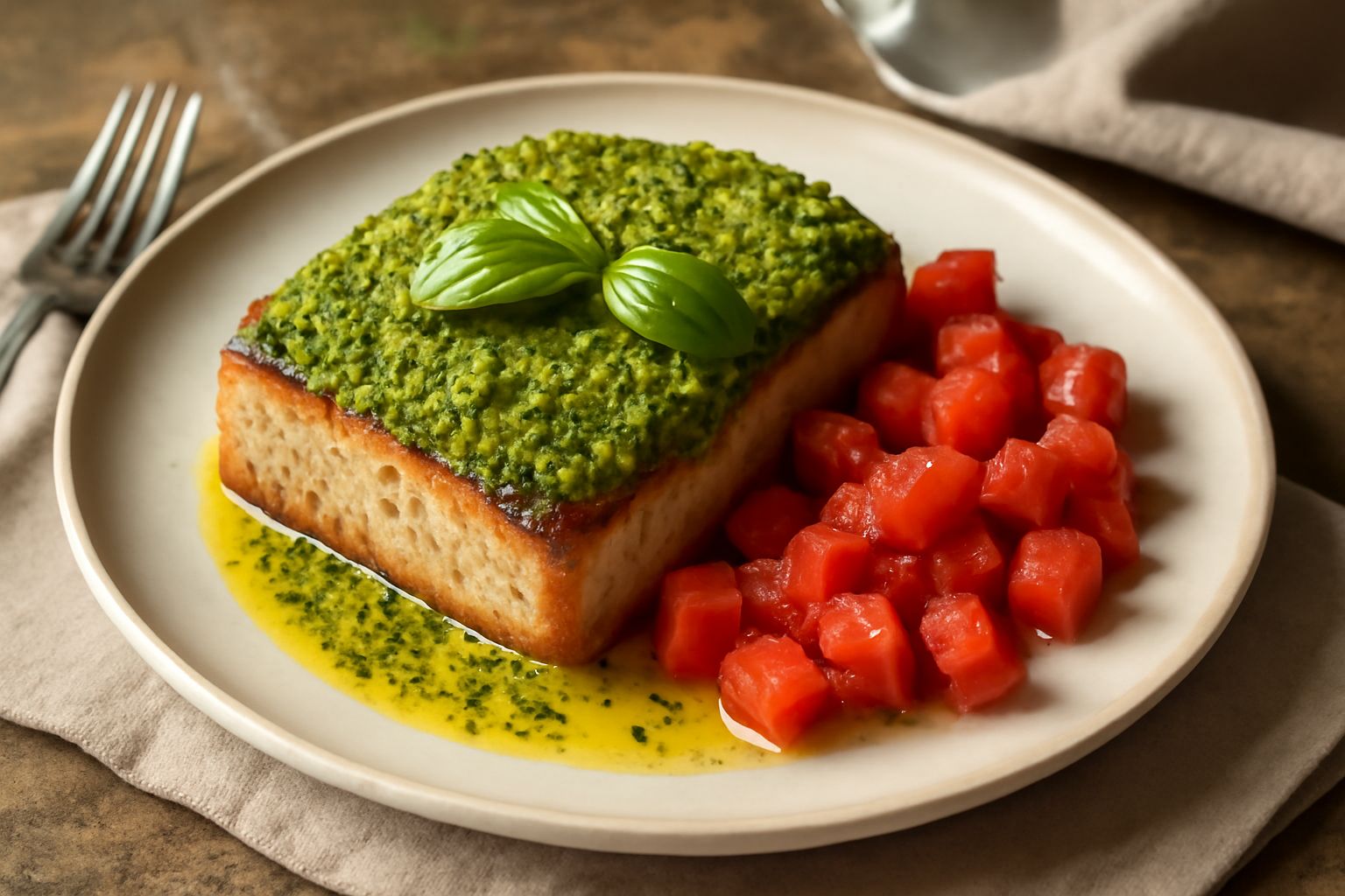Filetto di tonno grigliato in padella, dorato e croccante in superficie, coperto con una mantecata di pistacchio tritato e basilico fresco verde, accompagnato da dadi di pomodoro rossi e lucidi, servi