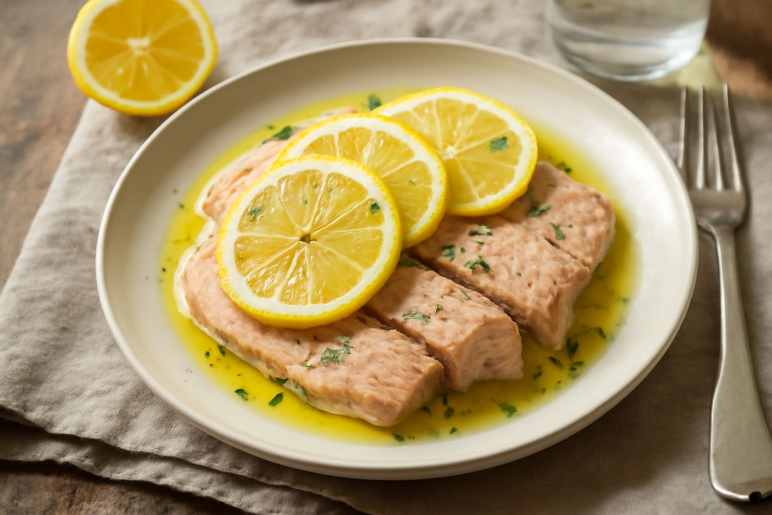 Filetto di tonno rosato servito in piatto bianco, cosparso di agrumi gialli, fettine di limone fresco come guarnizione, gocce di olio d'oliva lucide, pepe nero macinato al momento, contorno di rucola 