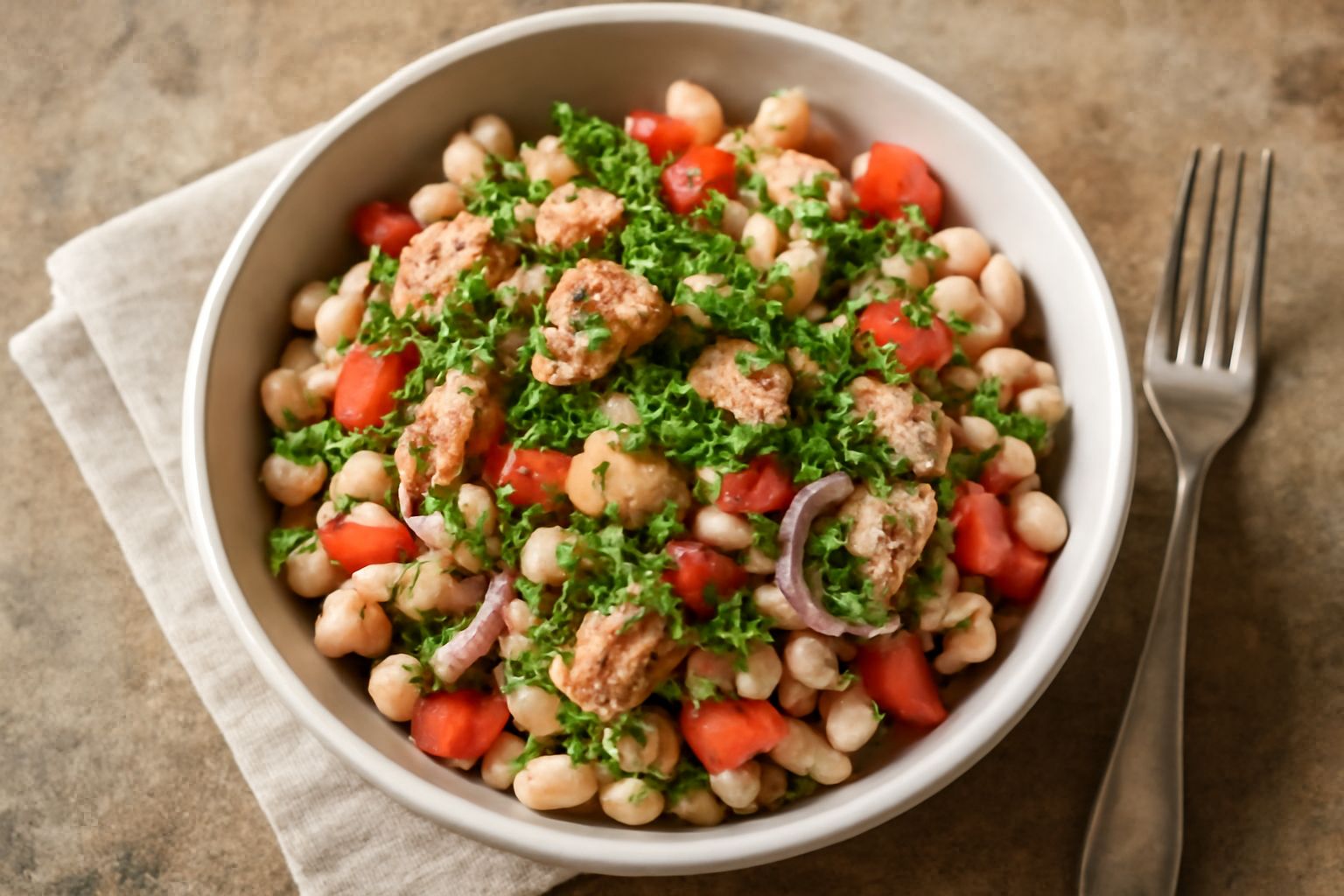 Insalata di tonno in una ciotola bianca, con tonno sgocciolato, fagioli cannellini, pomodori rossi a dadini, cipolla rossa sottile, foglie di prezzemolo fresco e limone tagliato a spicchi
