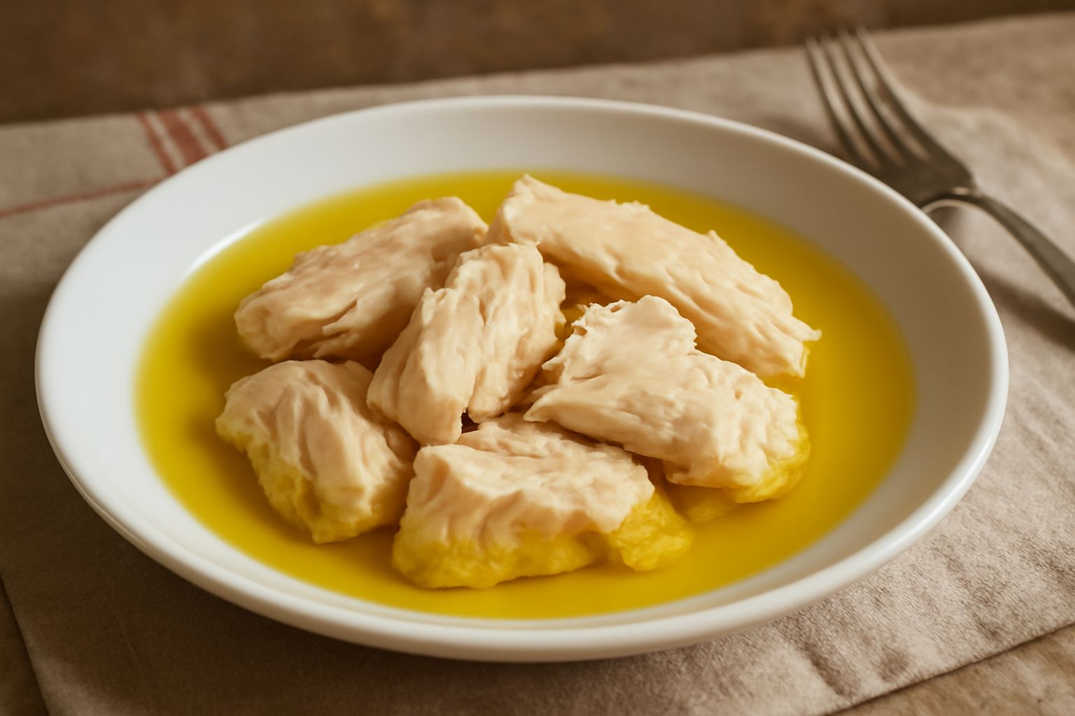 Barattolo di vetro riempito di tonno biancheggiante immerso in olio trasparente, accanto una lattina aperta di tonno e un piatto con pezzi di tonno sopra pane tostato