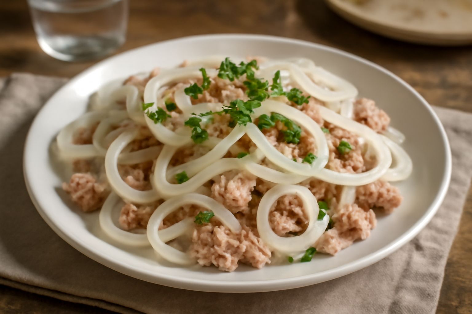 Piatto bianco con tonno sminuzzato color grigio-rosa e cipolla bianca affettata finemente, spolverato di prezzemolo fresco verde, con limone affettato sul bordo