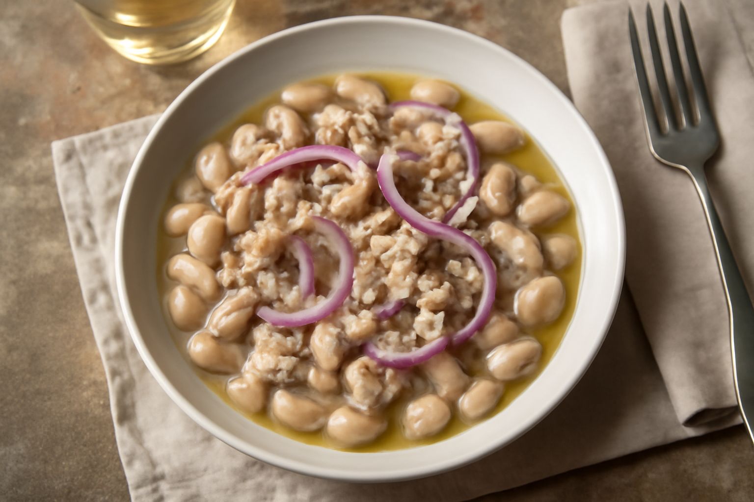 Piatto di tonno e fagioli bianchini con cipolla rossa cruda tagliata sottile, condimento di olio extravergine e pepe nero, servito in ciotola di ceramica bianca