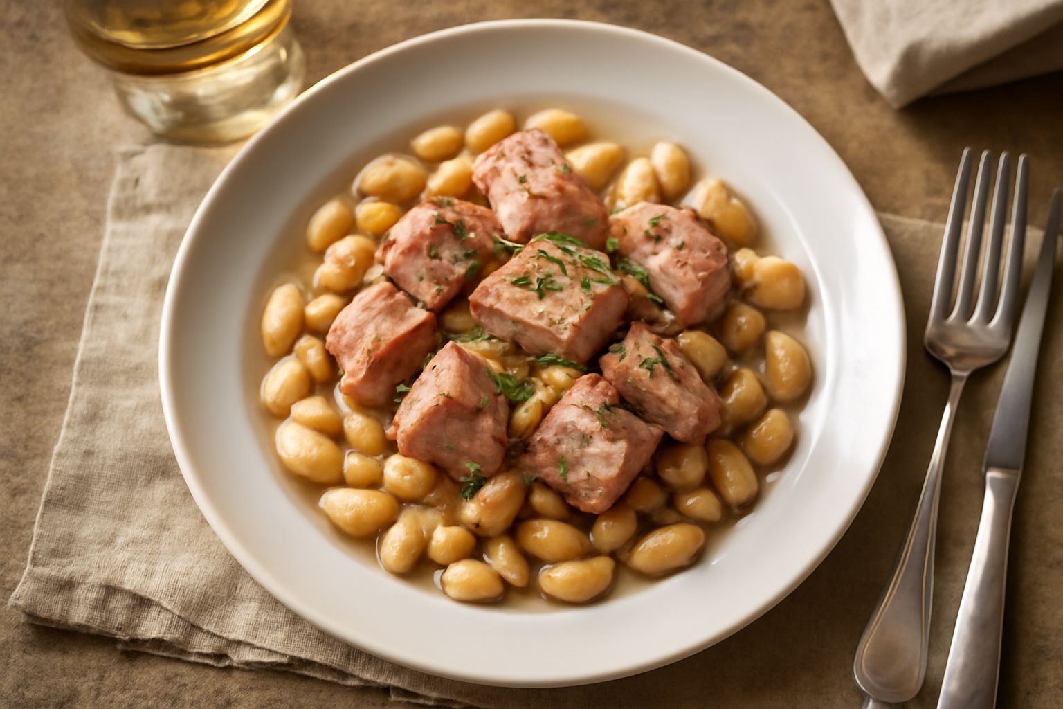 Piatto bianco con tonno sgranellato in tonalità grigia e rosata, fagioli bianchi cremosi, pomodori rossi affettati e prezzemolo fresco verde, conditi con olio giallo dorato, visto dall'alto