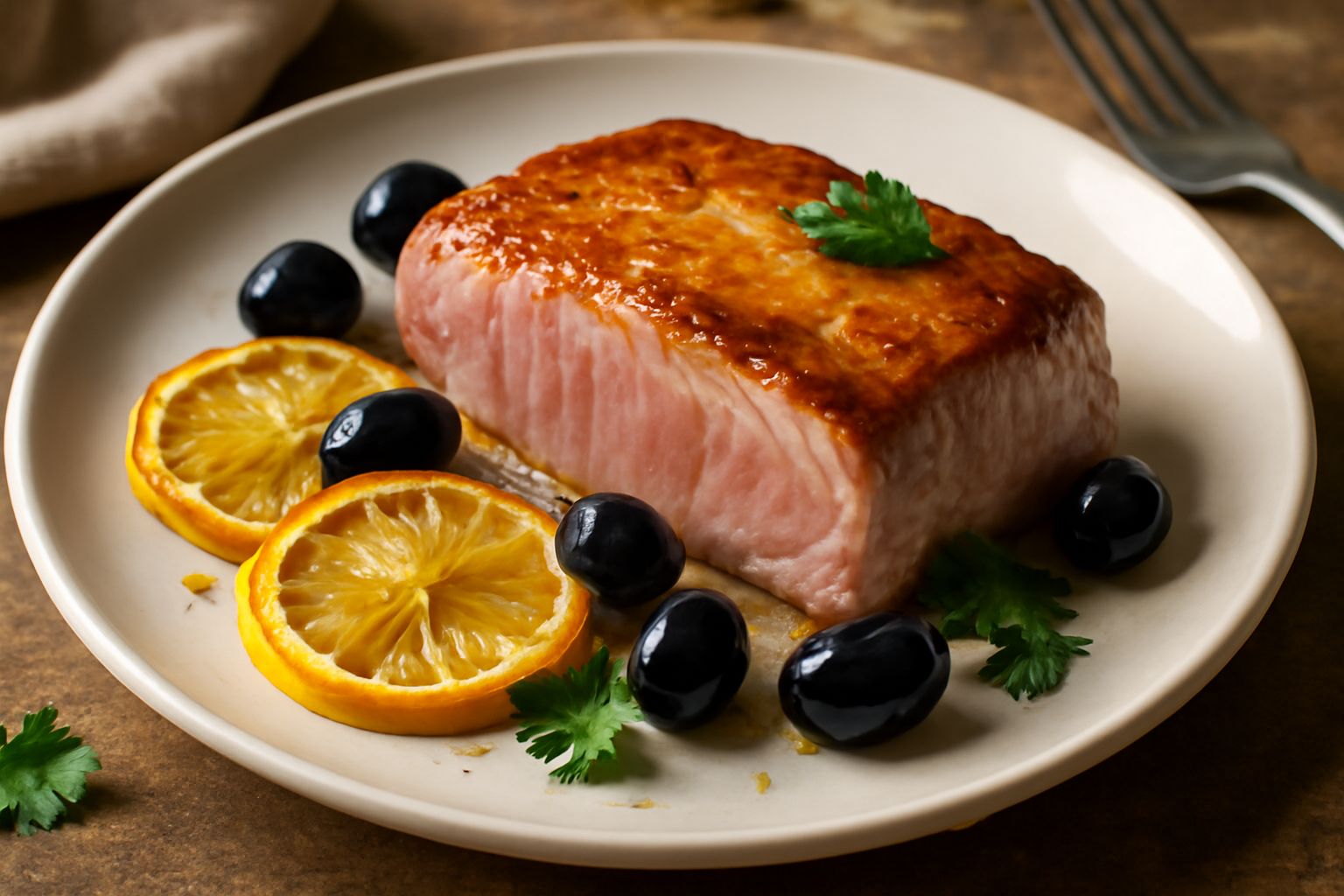 Filetto di tonno rosso cucinato al forno, dorato in superficie, contornato da fette di limone fresco, olive nere e origano, servito su un piatto bianco con prezzemolo fresco