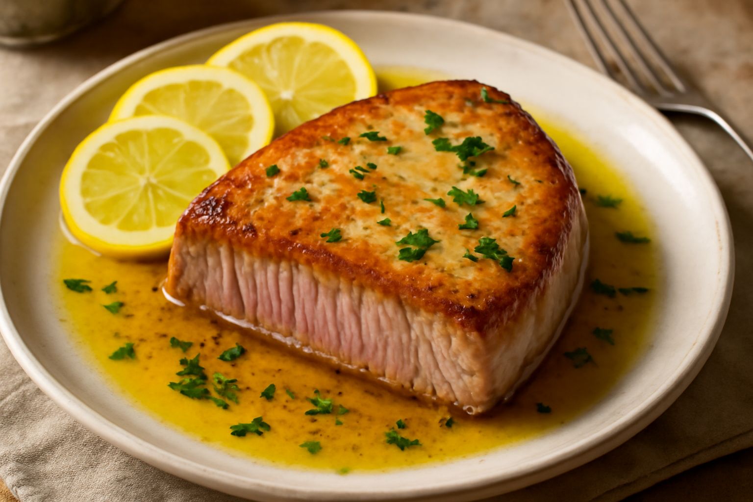 Trancio di tonno rosato e dorato appena sfornato, bagnato di olio, con fettine di limone e prezzemolo fresco sopra, servito in un piatto bianco con contorno di verdure grigliate