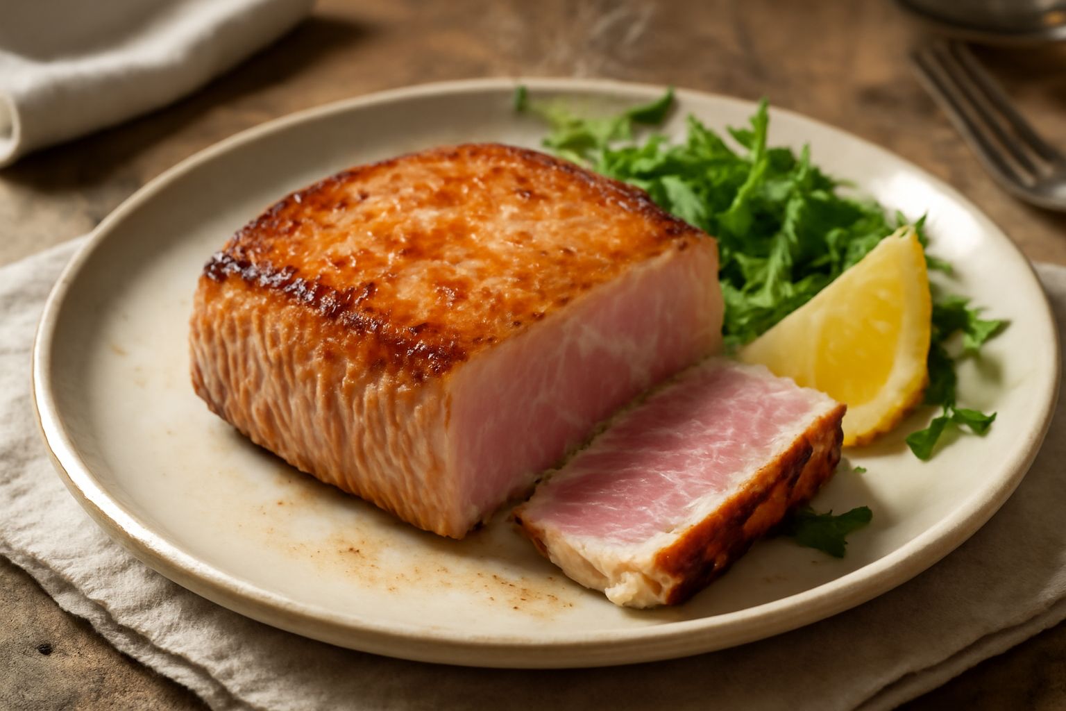 Fetta di tonno arrosto color rosa chiaro, croccante in superficie, servita con limone fresco e prezzemolo verde su piatto bianco, contorno di insalata rossa
