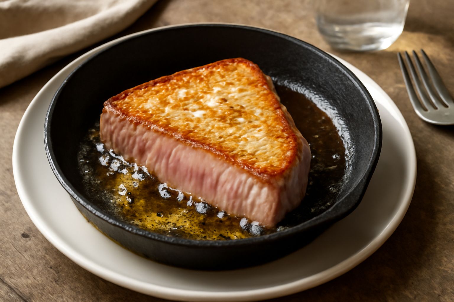 Bistecca di tonno fresco dorata in padella antiaderente, circondata da bolle d'olio, con un'incisione nel centro che mostra la carne rosa pallido e succulenta, guarnita con spicchi di limone e prezzem