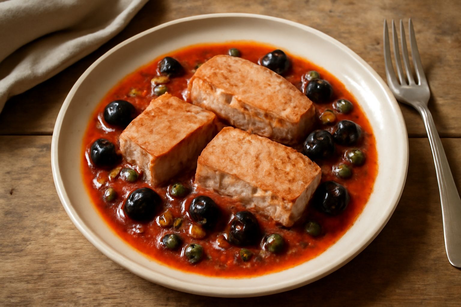 Tonno fresco rosato in umido, bagnato in sugo di pomodoro rosso, garnito con olive nere, capperi verdi e prezzemolo fresco, servito in piatto bianco fondo, contorno di pane tostato ai bordi