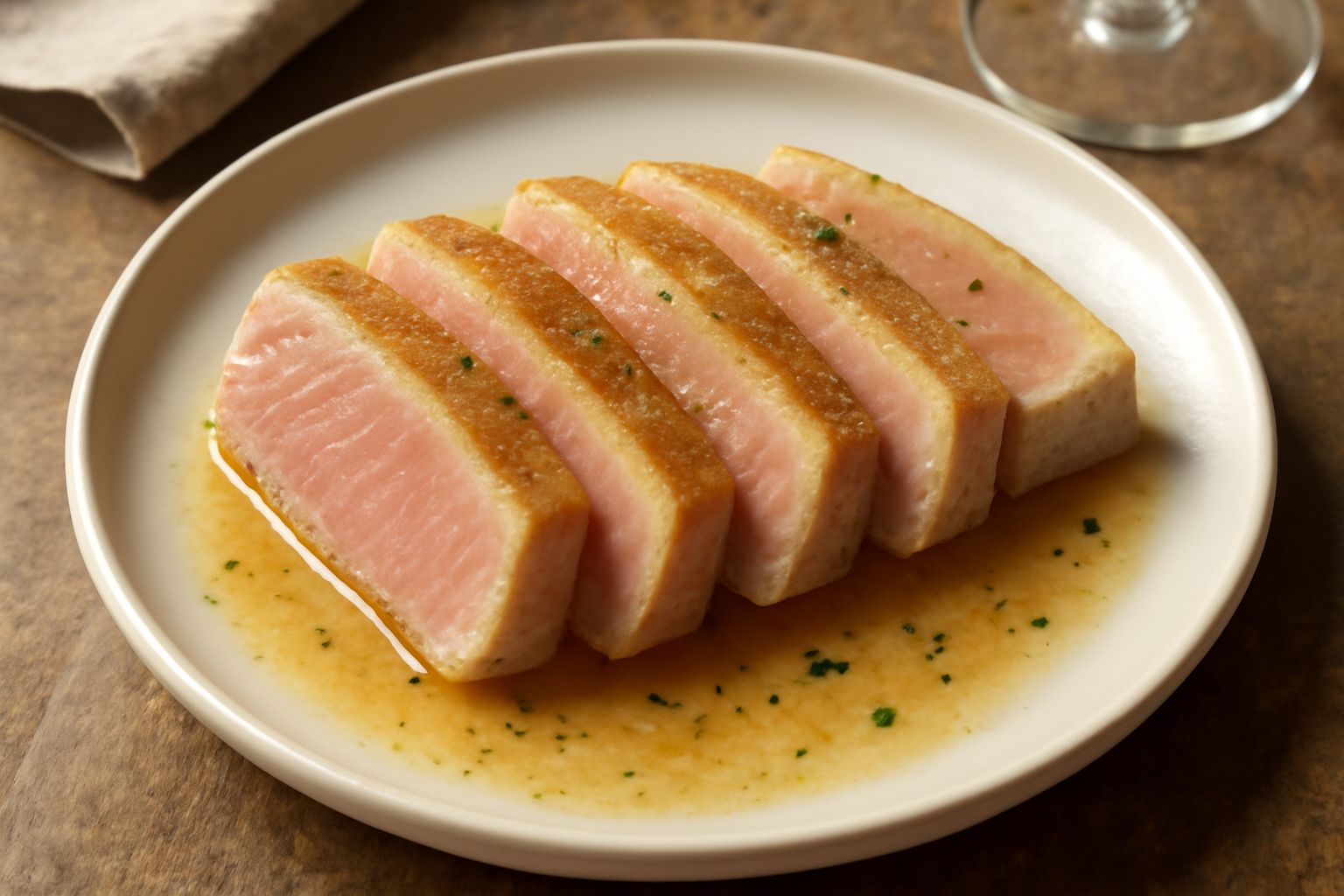 Fette di tonno fresco rosso intenso disposte su un piatto bianco, con marinatura di olio dorato e limone, guarnite con prezzemolo fresco verde e scaglie di sale marino