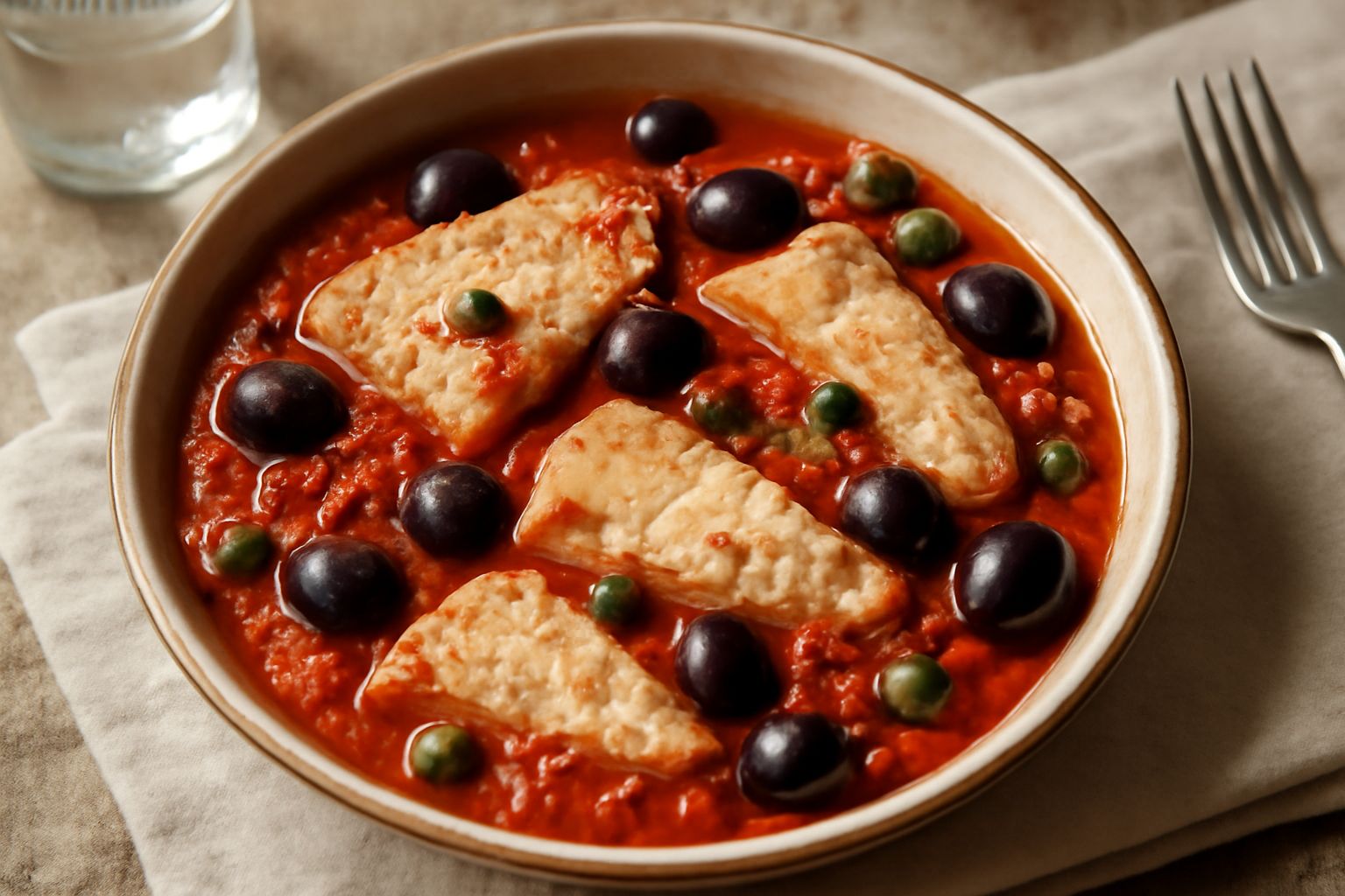 Tonno fresco cucinato in teglia di ceramica con pomodori rossi, olive nere e capperi verdi, guarnito di prezzemolo fresco, caldo e appena uscito dal forno