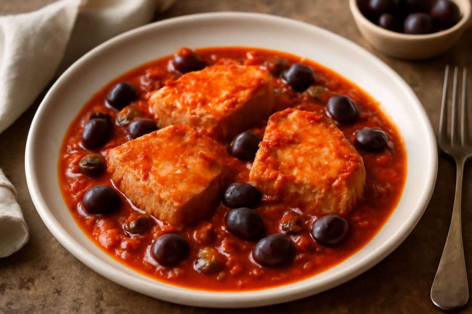 Piatto di tonno in umido: filetti di tonno circondati da sugo rosso di pomodoro, olive nere e capperi, servito in piatto bianco con contorno di pane tostato e una fetta di limone